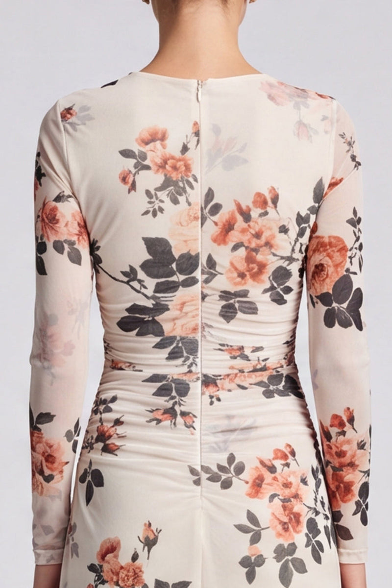Load image into Gallery viewer, Floral Ivory A Line Round Neck Long Formal Dress with Sleeves