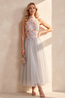 Load image into Gallery viewer, Floral Light Grey Tulle A Line High Neck Long Wedding Guest Dress
