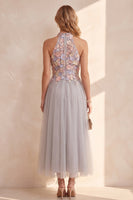 Load image into Gallery viewer, Floral Light Grey Tulle A Line High Neck Long Wedding Guest Dress