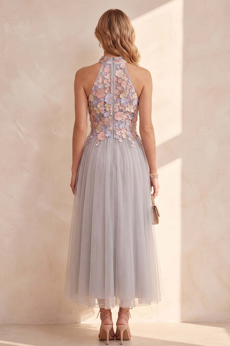 Load image into Gallery viewer, Floral Light Grey Tulle A Line High Neck Long Wedding Guest Dress