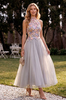 Load image into Gallery viewer, Floral Light Grey Tulle A Line High Neck Long Wedding Guest Dress