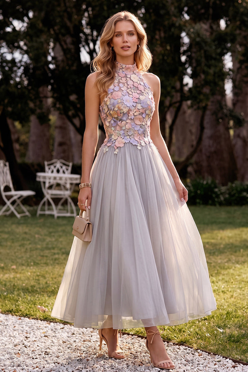 Load image into Gallery viewer, Floral Light Grey Tulle A Line High Neck Long Wedding Guest Dress
