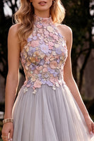 Load image into Gallery viewer, Floral Light Grey Tulle A Line High Neck Long Wedding Guest Dress