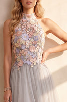 Load image into Gallery viewer, Floral Light Grey Tulle A Line High Neck Long Wedding Guest Dress