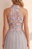 Load image into Gallery viewer, Floral Light Grey Tulle A Line High Neck Long Wedding Guest Dress