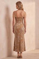 Load image into Gallery viewer, Champagne Velvet Floral Mermaid Long Wedding Guest Dress
