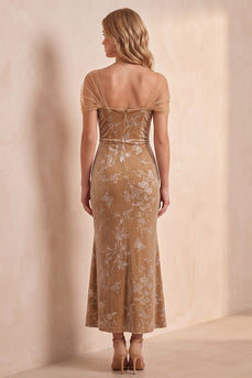 Champagne Velvet Floral Mermaid Long Wedding Guest Dress