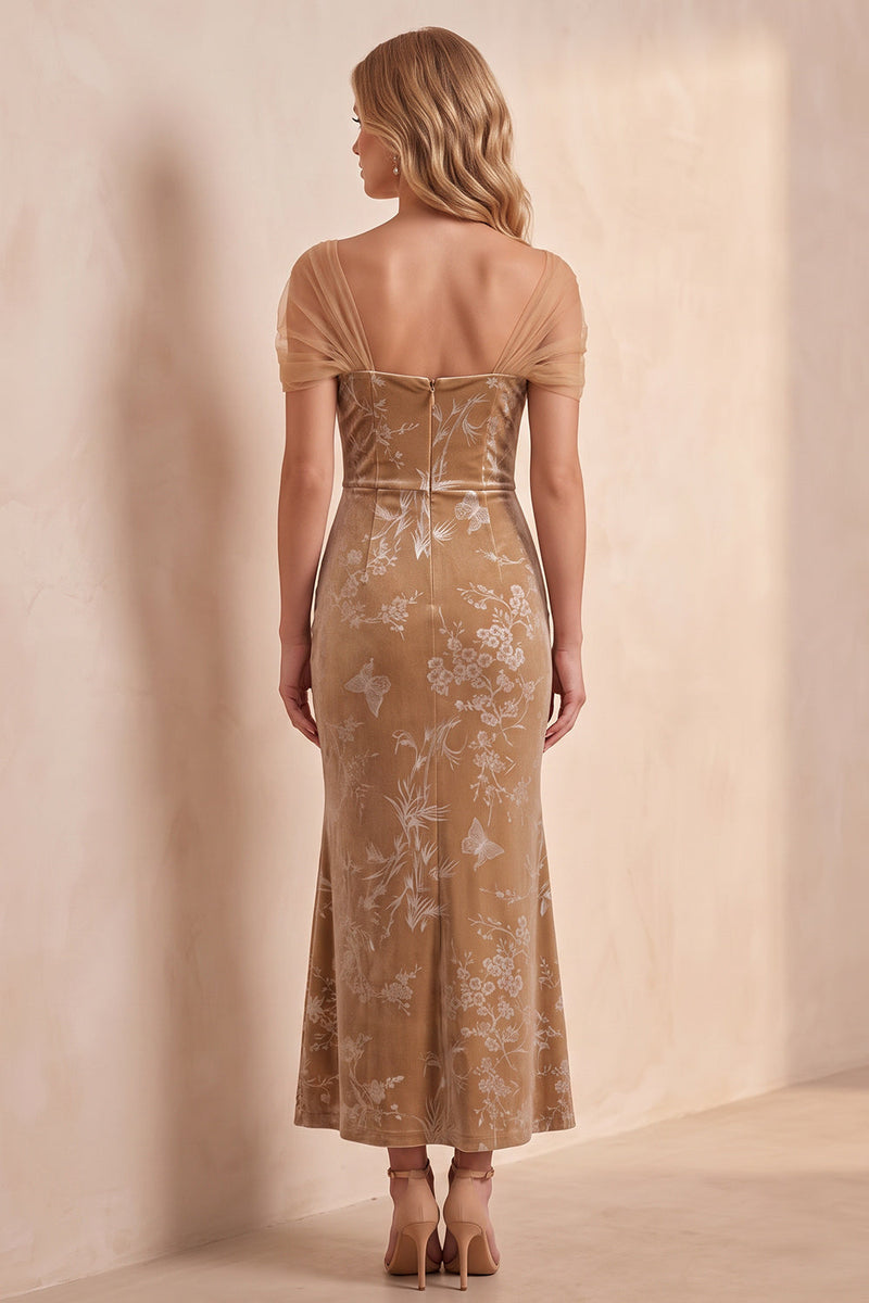 Load image into Gallery viewer, Champagne Velvet Floral Mermaid Long Wedding Guest Dress