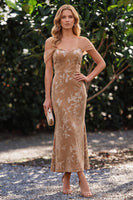 Load image into Gallery viewer, Champagne Velvet Floral Mermaid Long Wedding Guest Dress