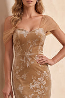 Load image into Gallery viewer, Champagne Velvet Floral Mermaid Long Wedding Guest Dress