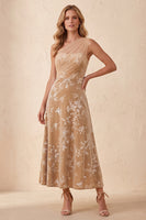 Load image into Gallery viewer, Floral Champagne Velvet A Line One Shoulder Long Wedding Guest Dress