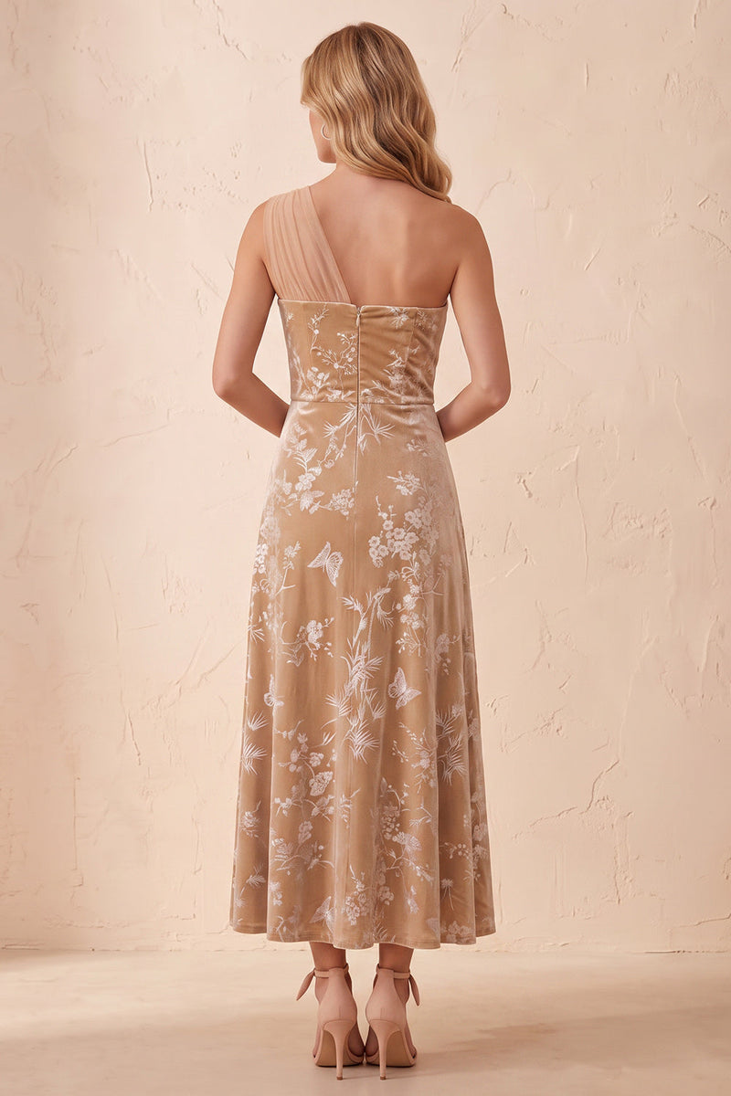 Load image into Gallery viewer, Floral Champagne Velvet A Line One Shoulder Long Wedding Guest Dress
