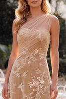 Load image into Gallery viewer, Floral Champagne Velvet A Line One Shoulder Long Wedding Guest Dress