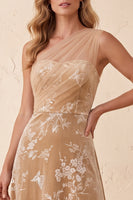 Load image into Gallery viewer, Floral Champagne Velvet A Line One Shoulder Long Wedding Guest Dress