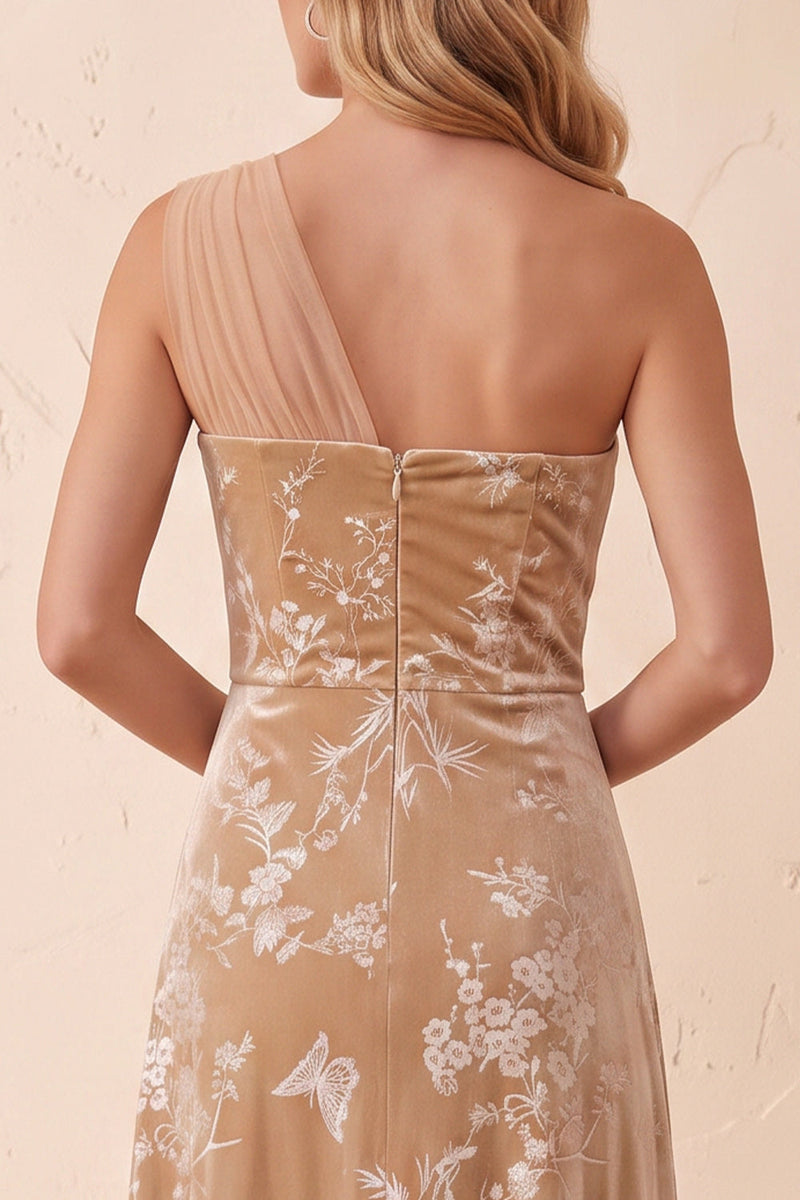 Load image into Gallery viewer, Floral Champagne Velvet A Line One Shoulder Long Wedding Guest Dress