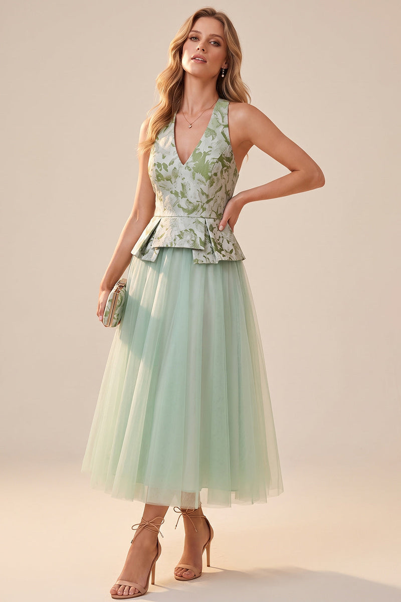 Load image into Gallery viewer, Floral Sage Green Tulle A Line V-Neck Midi Wedding Guest Dress