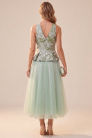 Load image into Gallery viewer, Floral Sage Green Tulle A Line V-Neck Midi Wedding Guest Dress