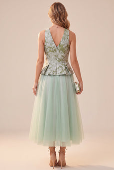 Floral Sage Green Tulle A Line V-Neck Midi Wedding Guest Dress