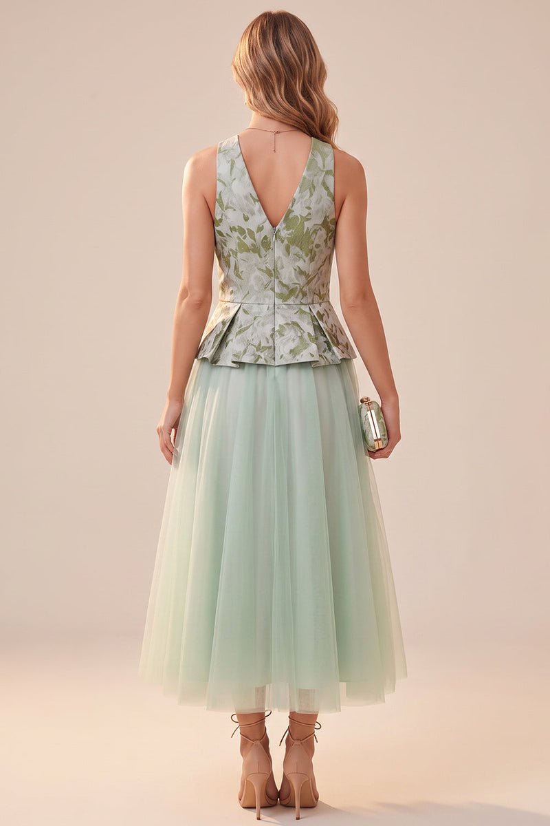 Load image into Gallery viewer, Floral Sage Green Tulle A Line V-Neck Midi Wedding Guest Dress