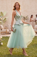 Load image into Gallery viewer, Floral Sage Green Tulle A Line V-Neck Midi Wedding Guest Dress