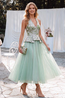Load image into Gallery viewer, Floral Sage Green Tulle A Line V-Neck Midi Wedding Guest Dress