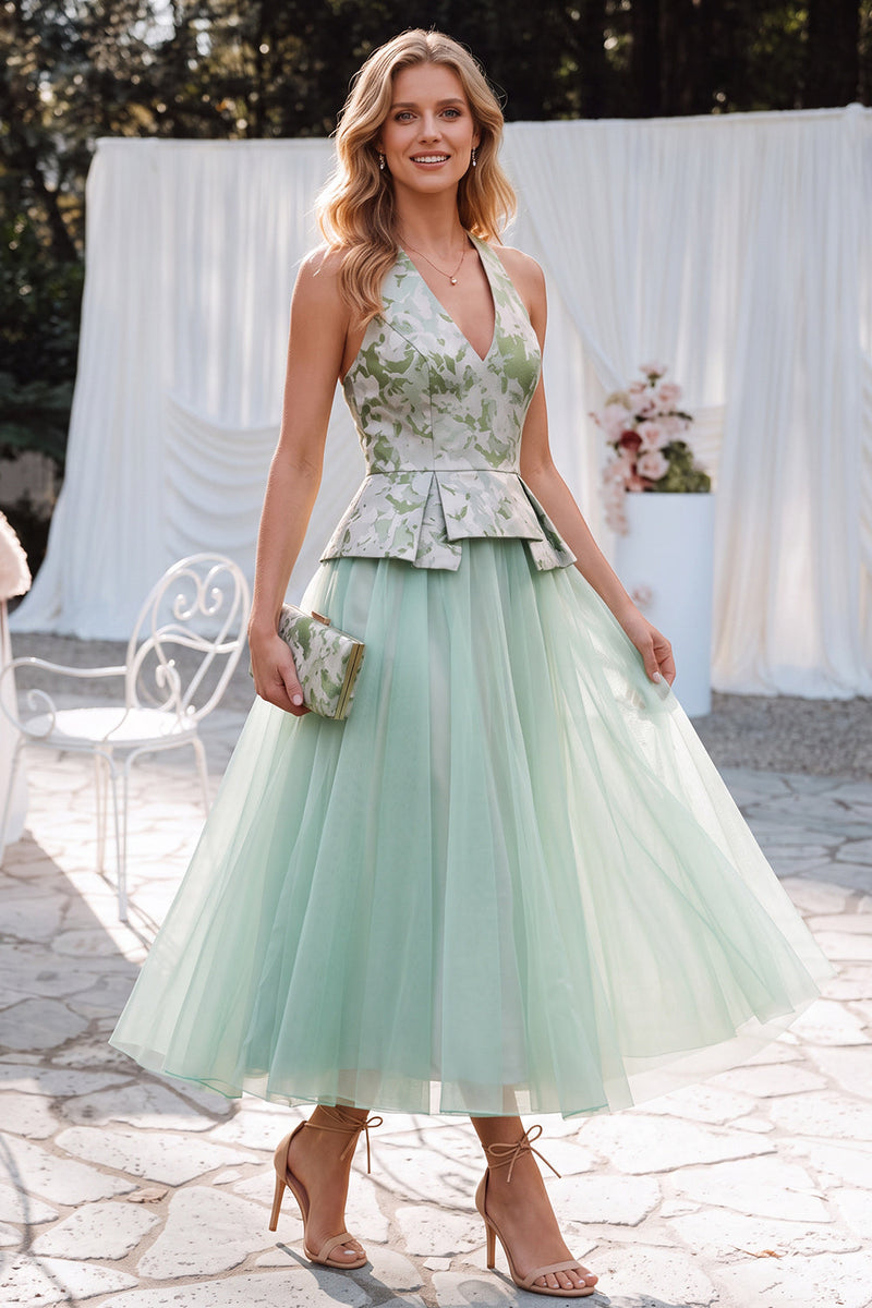 Load image into Gallery viewer, Floral Sage Green Tulle A Line V-Neck Midi Wedding Guest Dress
