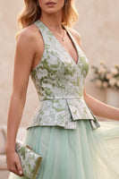 Load image into Gallery viewer, Floral Sage Green Tulle A Line V-Neck Midi Wedding Guest Dress