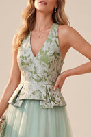 Load image into Gallery viewer, Floral Sage Green Tulle A Line V-Neck Midi Wedding Guest Dress