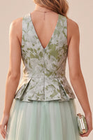 Load image into Gallery viewer, Floral Sage Green Tulle A Line V-Neck Midi Wedding Guest Dress