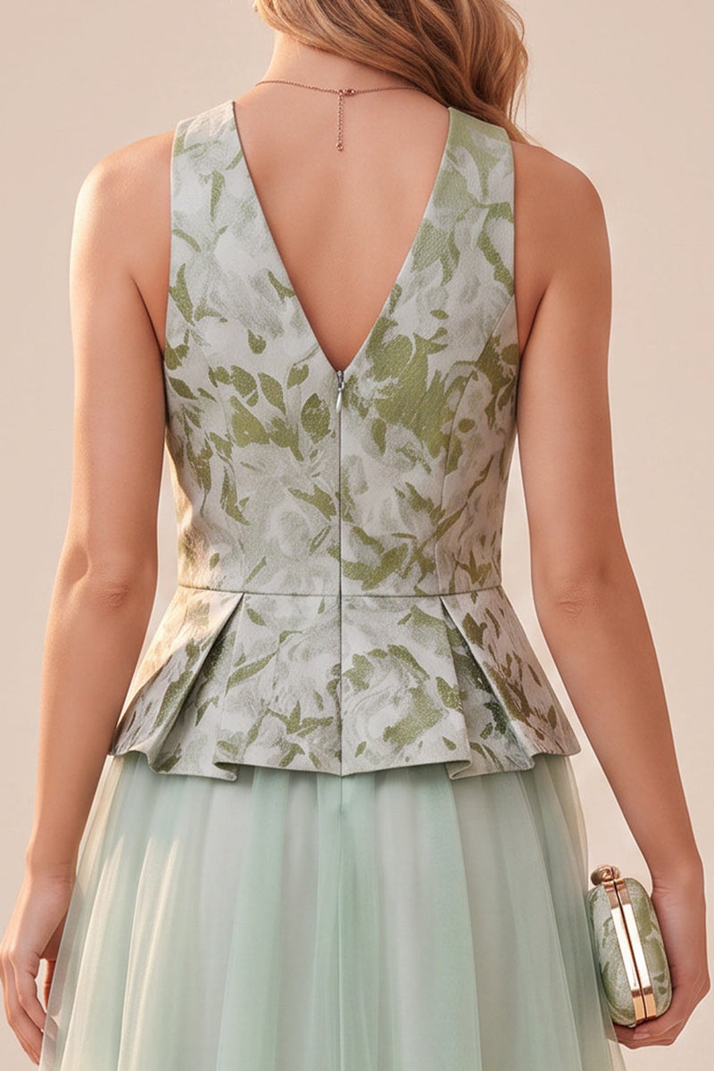 Load image into Gallery viewer, Floral Sage Green Tulle A Line V-Neck Midi Wedding Guest Dress