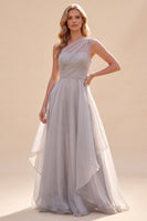 Load image into Gallery viewer, A Line Grey One Shoulder Ruched Long Wedding Guest Dress