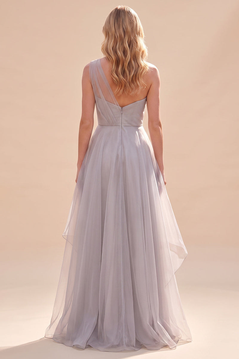 Load image into Gallery viewer, A Line Grey One Shoulder Ruched Long Wedding Guest Dress