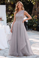 Load image into Gallery viewer, A Line Grey One Shoulder Ruched Long Wedding Guest Dress