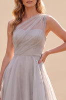Load image into Gallery viewer, A Line Grey One Shoulder Ruched Long Wedding Guest Dress