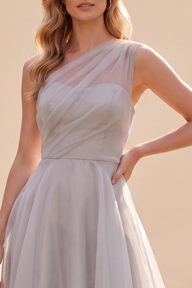 Load image into Gallery viewer, A Line Grey One Shoulder Ruched Long Wedding Guest Dress