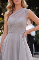 Load image into Gallery viewer, A Line Grey One Shoulder Ruched Long Wedding Guest Dress