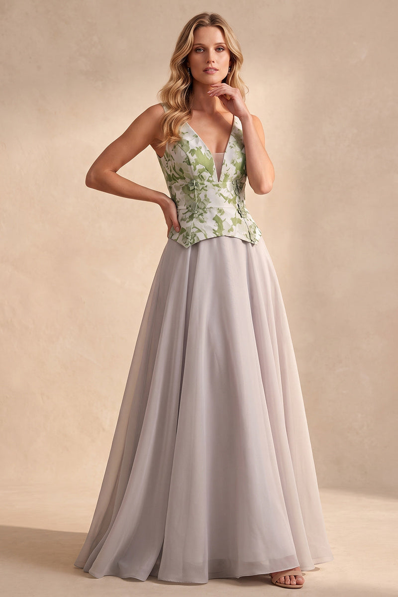 Load image into Gallery viewer, A Line Light Grey Floral Coeset V-Neck Long Wedding Guest Dress