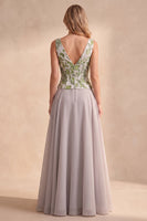 Load image into Gallery viewer, A Line Light Grey Floral Coeset V-Neck Long Wedding Guest Dress