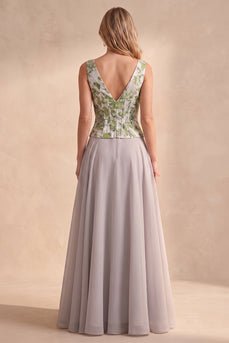 A Line Light Grey Floral Coeset V-Neck Long Wedding Guest Dress