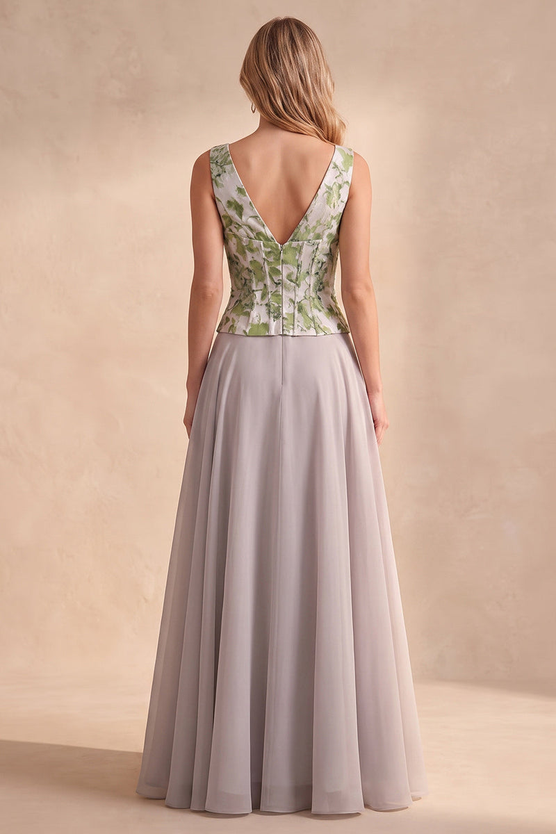 Load image into Gallery viewer, A Line Light Grey Floral Coeset V-Neck Long Wedding Guest Dress