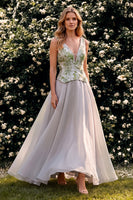 Load image into Gallery viewer, A Line Light Grey Floral Coeset V-Neck Long Wedding Guest Dress