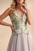 Load image into Gallery viewer, A Line Light Grey Floral Coeset V-Neck Long Wedding Guest Dress