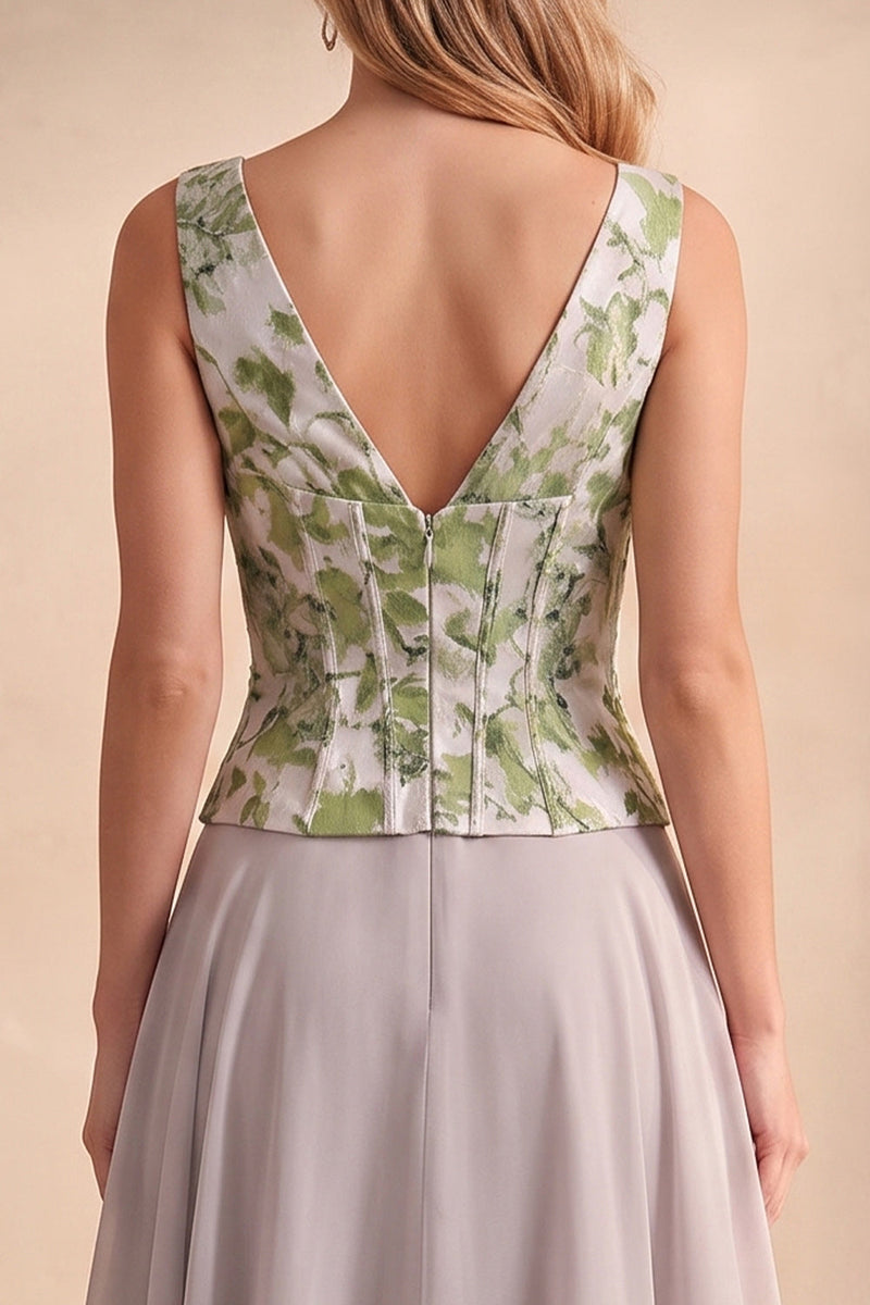 Load image into Gallery viewer, A Line Light Grey Floral Coeset V-Neck Long Wedding Guest Dress