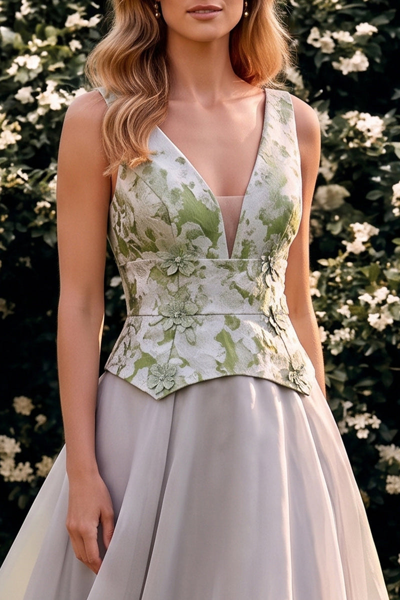 Load image into Gallery viewer, A Line Light Grey Floral Coeset V-Neck Long Wedding Guest Dress