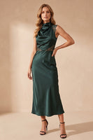 Load image into Gallery viewer, Mermaid Dark Green Ruched High Neck Long Wedding Guest Dress with Lace