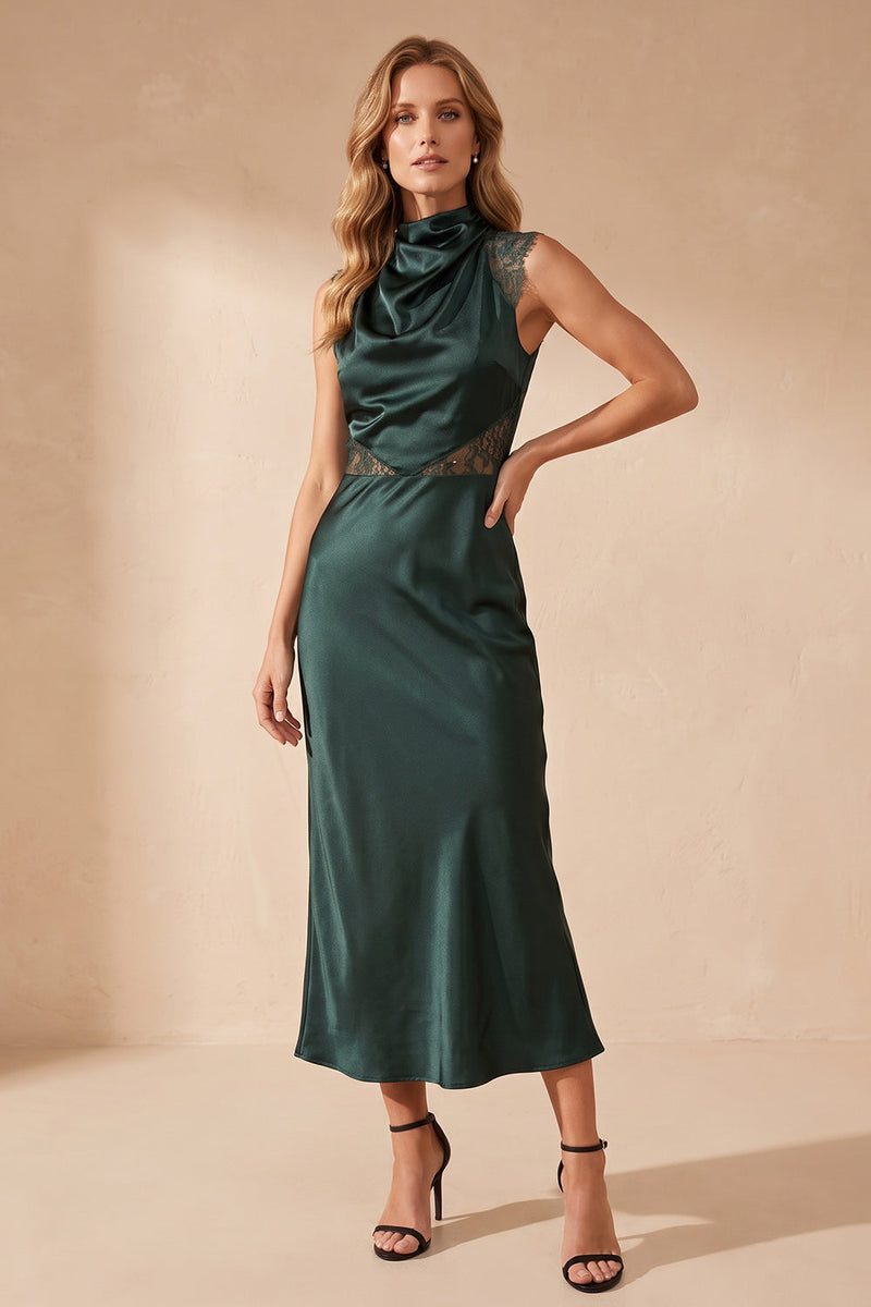 Load image into Gallery viewer, Mermaid Dark Green Ruched High Neck Long Wedding Guest Dress with Lace