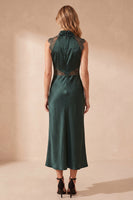 Load image into Gallery viewer, Mermaid Dark Green Ruched High Neck Long Wedding Guest Dress with Lace