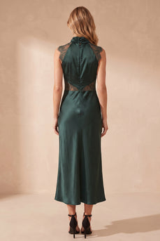 Mermaid Dark Green Ruched High Neck Long Wedding Guest Dress with Lace