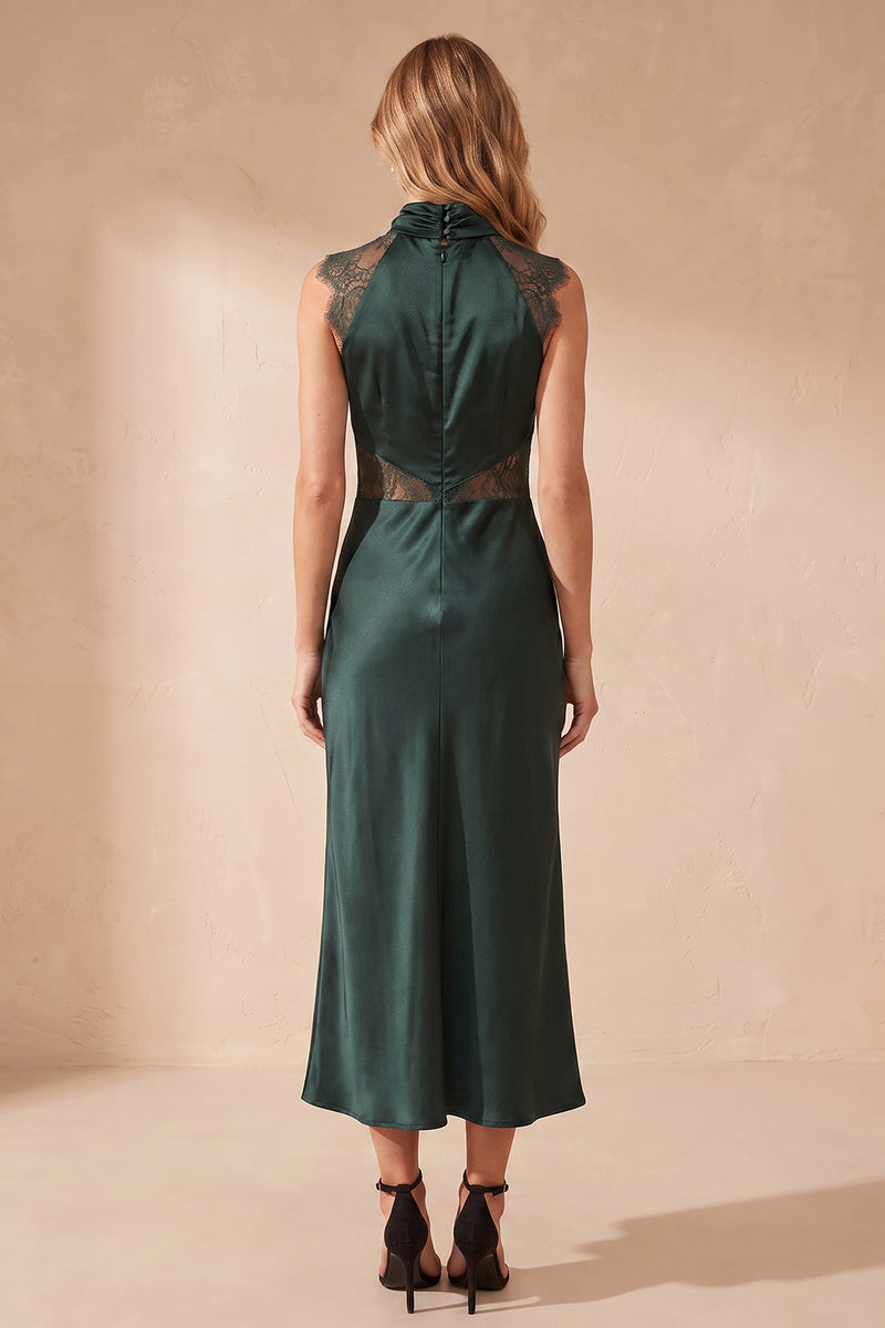 Load image into Gallery viewer, Mermaid Dark Green Ruched High Neck Long Wedding Guest Dress with Lace