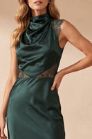 Load image into Gallery viewer, Mermaid Dark Green Ruched High Neck Long Wedding Guest Dress with Lace